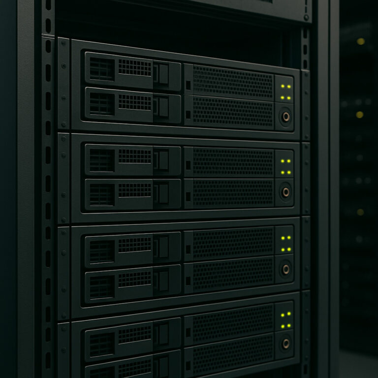 Serverrack mit aktiven Servereinheiten und grünen Status-LEDs